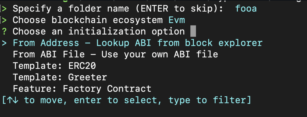 Terminal output from envio init showing prompts for folder name, blockchain ecosystem, initialization option, and ABI source