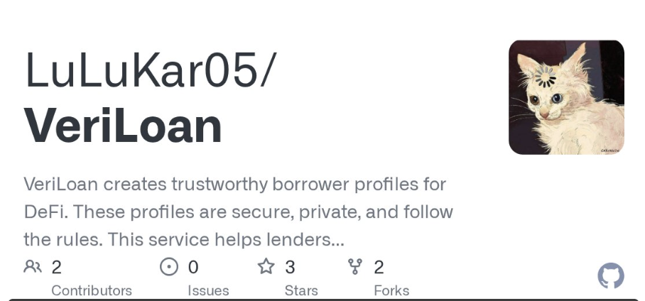 GitHub repo card for LuLuKar05/VeriLoan: trustworthy borrower profiles for DeFi