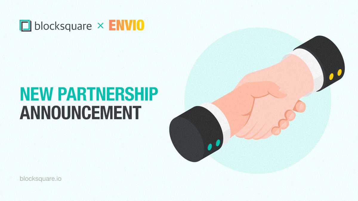 Blocksquare x Envio New Partnership Announcement banner with handshake illustration