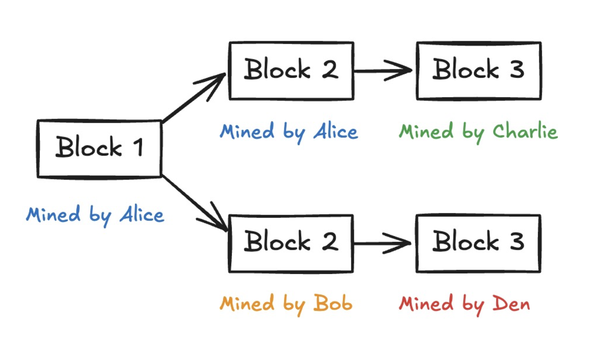 Diagram of a chain fork after Block 1, splitting into two parallel branches of Block 2 and Block 3 mined by different miners
