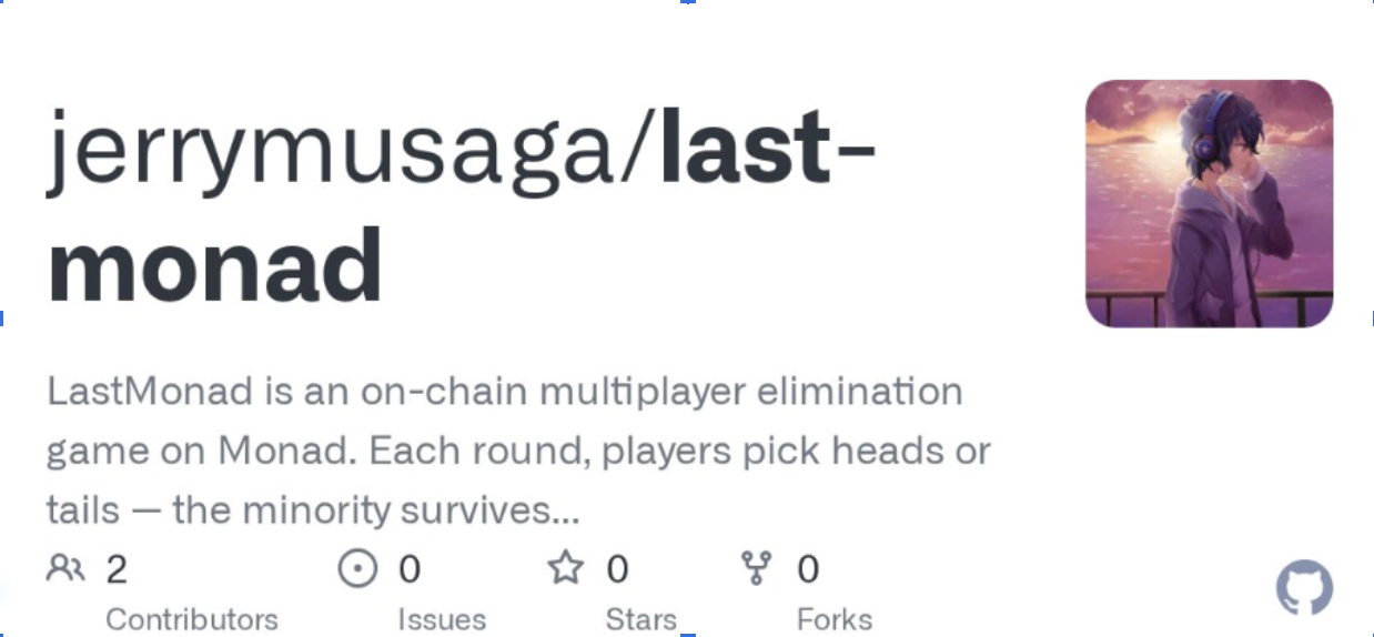 GitHub repo card for jerrymusaga/last-monad, an on-chain multiplayer elimination game on Monad